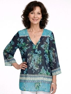 J.Jill Blue & Green Floral Print V-neck Sheer Chiffon Tunic Top Size XL